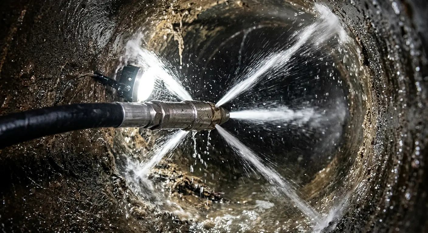 High-pressure hydro jetting nozzle cleaning sewer pipe for Emergency Drain Service in Pharr