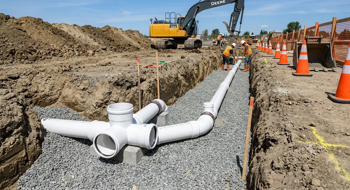 New PVC sewer pipe installation in open trench for Grease Trap Cleaning in Pharr