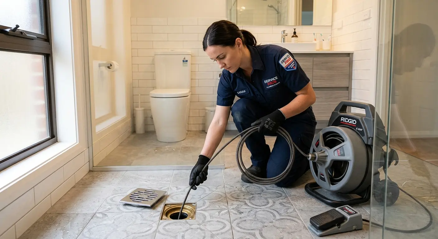 Technician clearing a bathroom floor drain for Clogged Drain Repair in Pharr